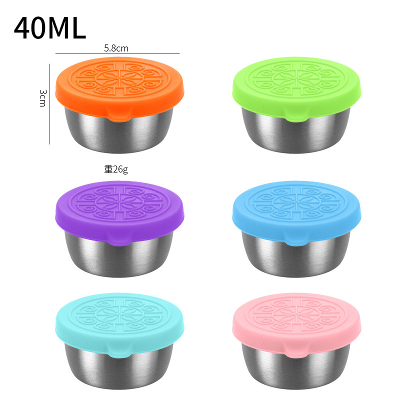 Taza de salsa de ensalada de tomate a prueba de fugas al aire libre 40ml plato de inmersión Taza de salsa de acero inoxidable 304 transfronteriza con tapa de silicona
