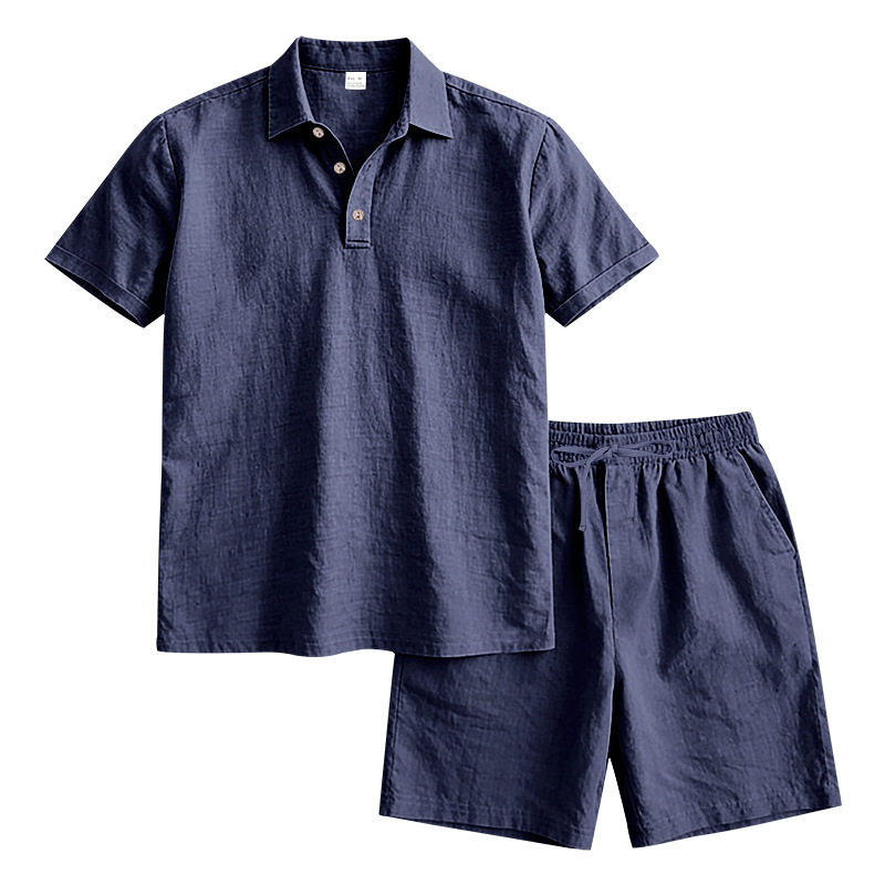 Ensemble polo et short de plage décontractés en lin, style américain, pour homme, idéal pour l'été, les vacances et les trajets quotidiens. Grandes tailles disponibles. Coupe ample. Polo à revers simple et coupe simple._voghion.com