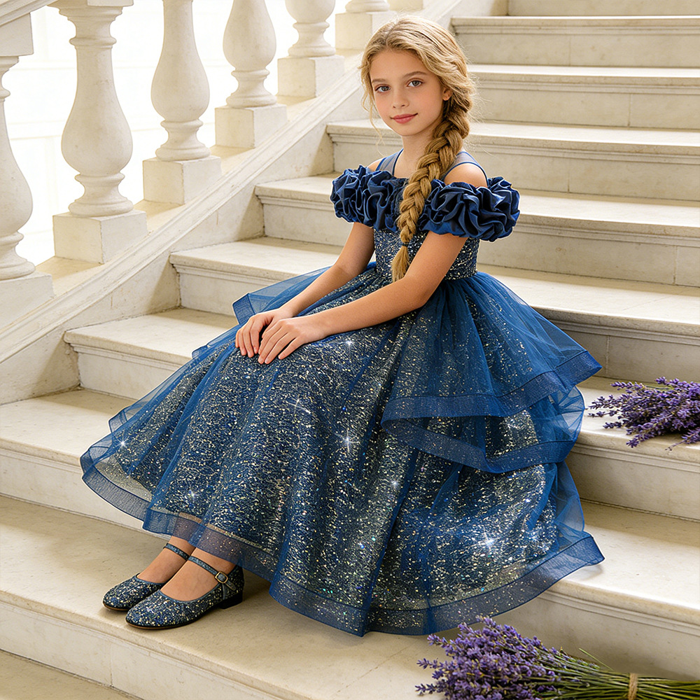 Nuevos vestidos para niños europeos y americanos, vestidos de princesa, elegantes faldas de tutú de malla, vestidos de noche de fiesta de cumpleaños para niñas de flores