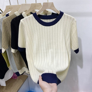40-100kg Ice Silk Short Sleeve T-Shirt for Women, Summer Patchwork Hollow Thin Loose Plus Size Crew Neck Top Knitwear