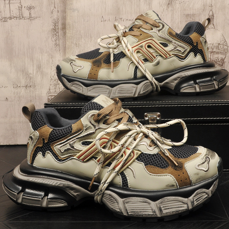 European Fashion Trendy Brand Sneakers for Men, Breathable Retro Distressed Dad Shoes, Original Niche Style Mesh Shoes