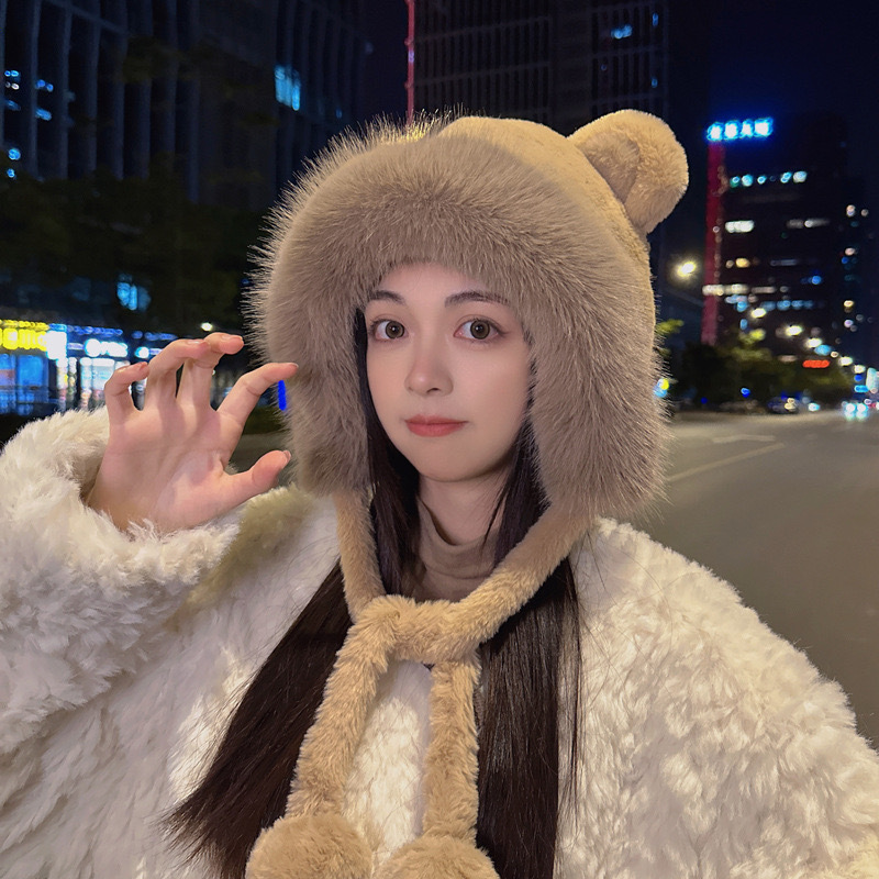 ぬいぐるみクマの帽子女性のための秋と冬 2025 新しいかわいい顔が見える小さな防風暖かい耳保護多用途プルオーバー帽子