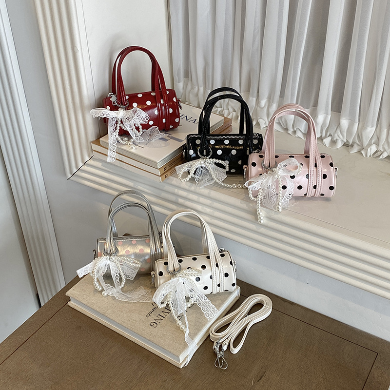 Children's Bag Polka Dot Cylinder Girl's Princess Handbag Lace Pearl Bow Mini Crossbody Bag for Boys and Girls