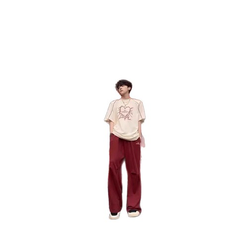 Men's Autumn Quick-Dry Parachute Pants with Red Side Stripes, Straight Leg Wide Leg Streetwear Work Pants