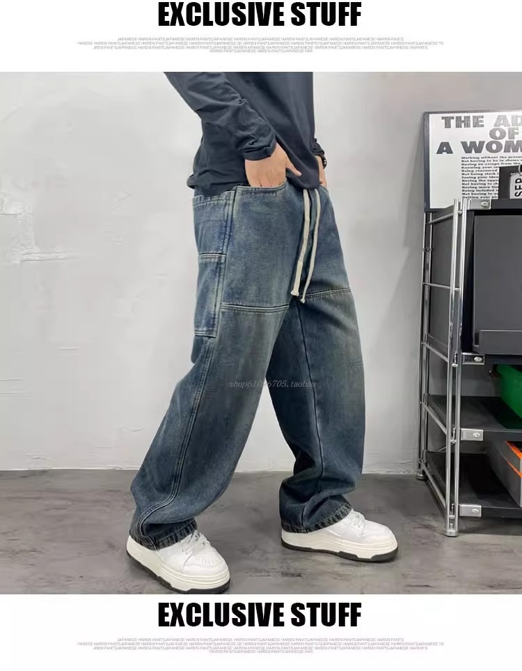 Men's High-Waisted Color-Block Jeans Blue & Black Loose Wide-Leg Straight Pants Hip Hop Style European American Trendy Brand_mkmklike.com