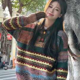 彩色新款条纹拉德宽松复古翻领慵懒针织衫高级秋冬季针织毛衣上衣