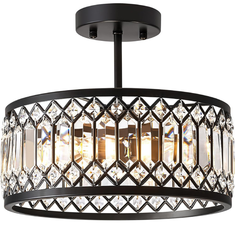 Crystal Black Chandelier Modern Semi-Recessed Chandelier Light Fixtures Round Corridor Lighting Fixtures Kitchen Entrance Bedroom
