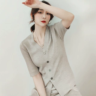 2023夏桑蚕丝羊毛V领针织T恤假开衫女薄五分袖坑条上衣桑蚕丝针织