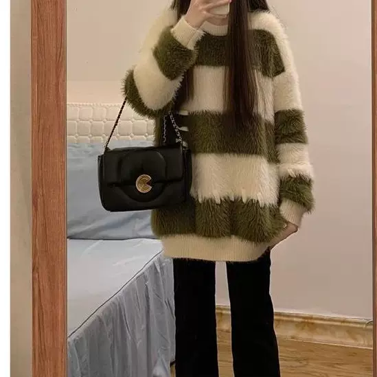 软糯仿貂绒条纹撞色毛衣女秋冬季宽松设计感小众慵懒风针织衫上衣