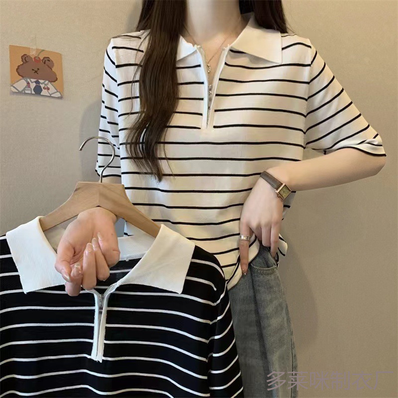 Hong Kong Style Retro Polo Collar Stripesd Stripesd Knitwear Women's Summer 2025 New Small Chic Short Top