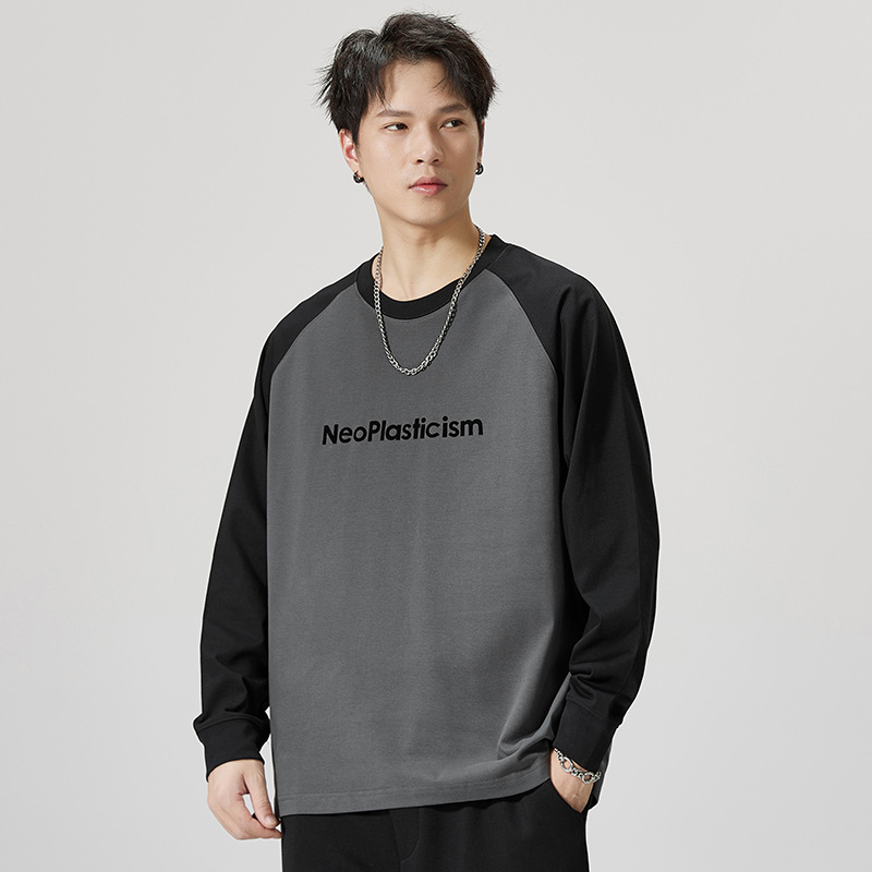 F1121 | Großes, neues Herbstprodukt für Herren, 260G, langärmliges T-Shirt mit Kuhhorn-Patchwork und lockerem Saum für Männer_voghion.com