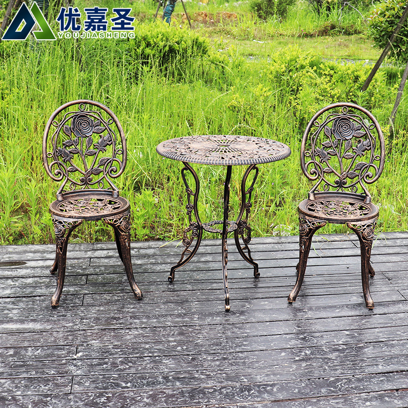 Outdoor Balcony Cast Aluminum Table and Chair Combination Outdoor Garden Terrace Aluminum Art Small Tea Table Three-piece Courtyard Flower Table and Chair