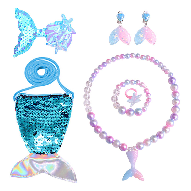 Collar para niños sirena cola collar de perlas para niñas pulsera anillo pendientes traje para niñas accesorios para bebés