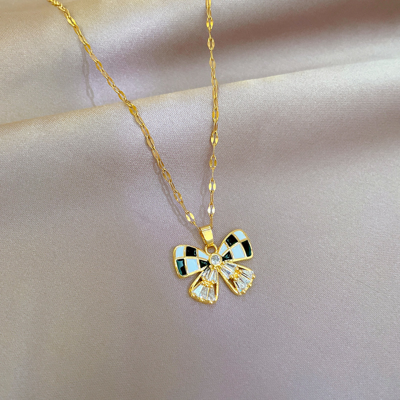 Fashion Bow Knot Titanium Steel Chain Inlay Artificial Diamond Pendant Necklace 1 Piece