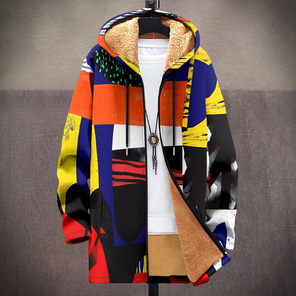 New men's multi pattern cotton jacket with plush insulation 3D printed hooded cardigan zipper pocket thickened British_voghion.com