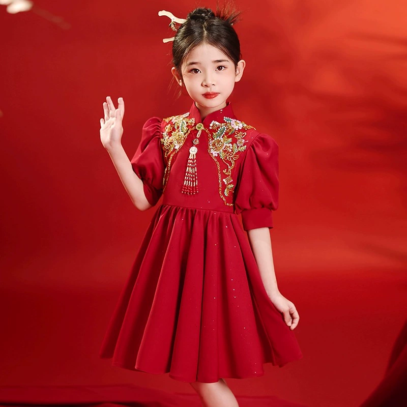 Платье для девочек чонсам летом новый новый средний мальчик красный новый китайский стиль платье для фортепиано платье для маленьких девочек