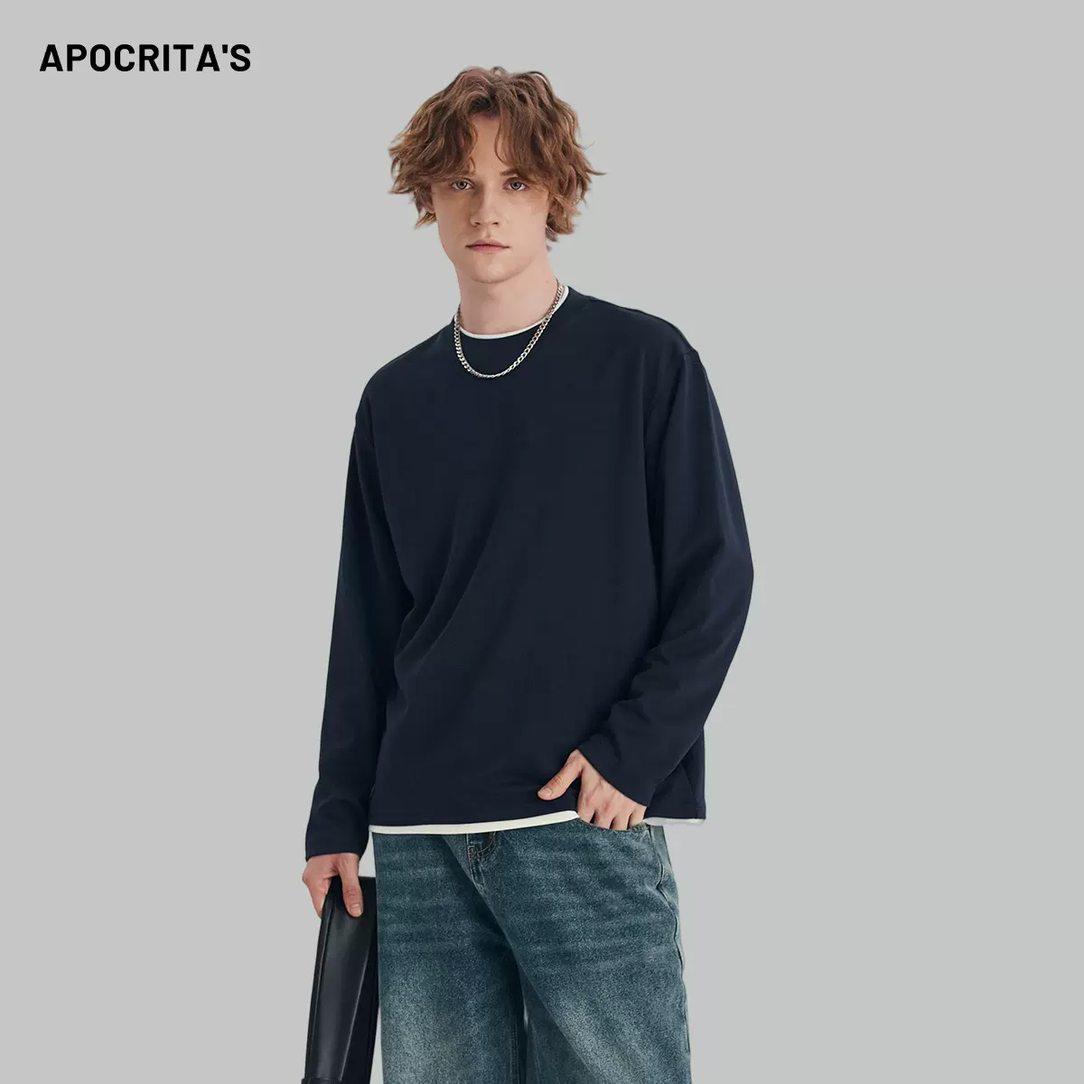 APO男装 |跨境假两件男士长袖T恤宽松圆领潮款撞色内搭打底衫上衣