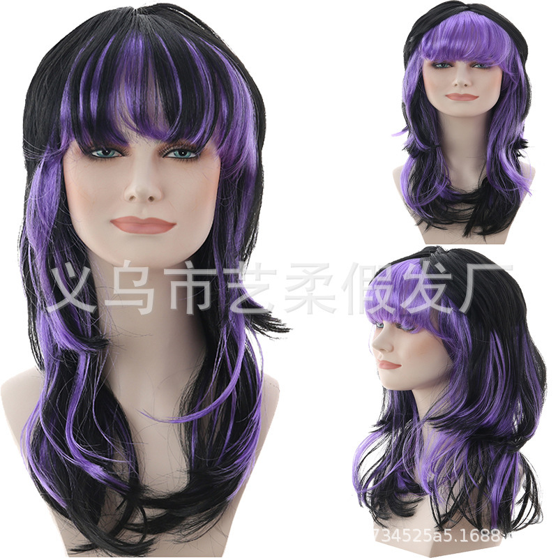 Halloween Era Black Purple Wavy Hair Party Wig Cos Rock Dress up Wig Gradient Color Curly Hair Wholesale