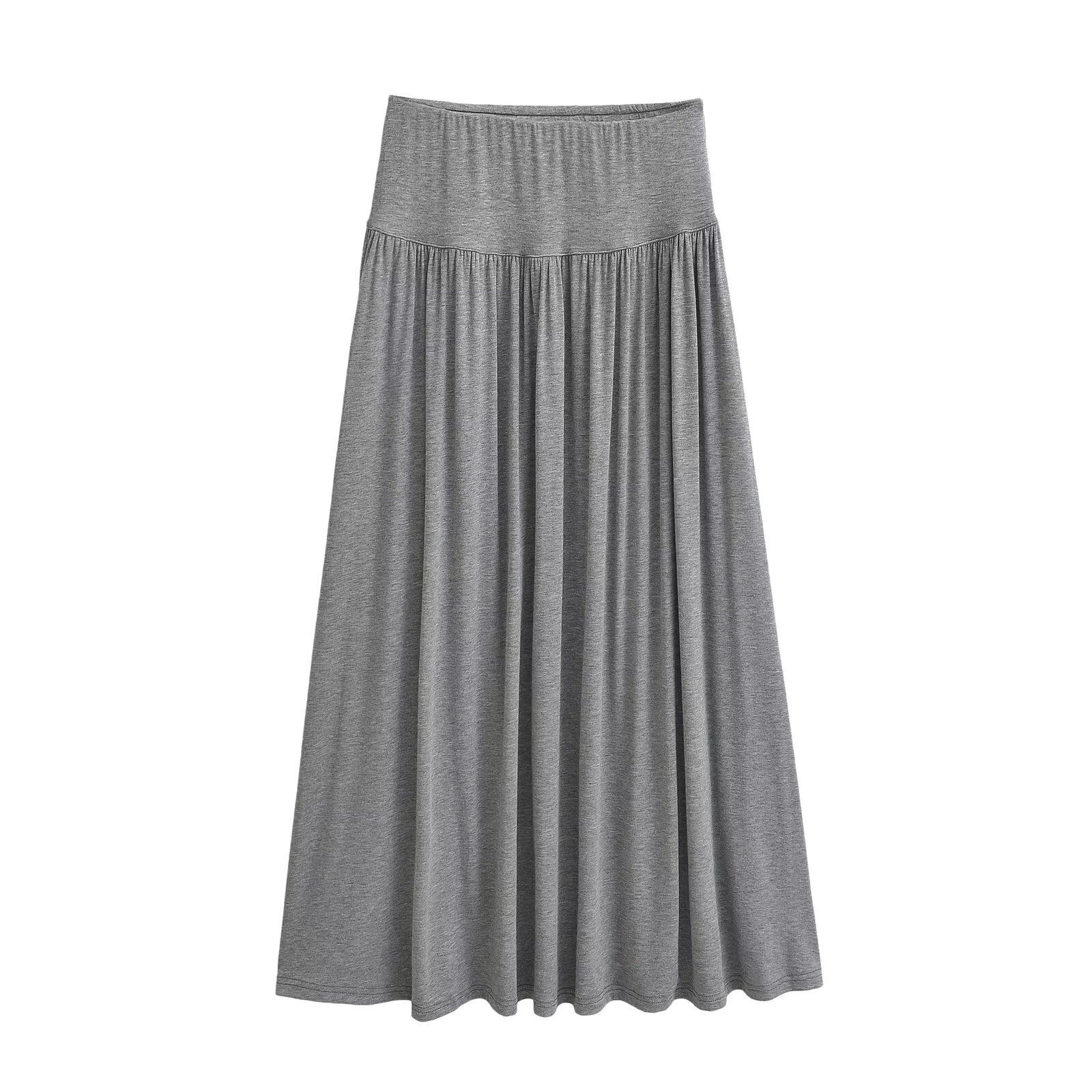 Retro Elastic Waist Splicing Skirt for Women, Pleated and Drapey, Large Hem, Knee-Length Pleated Elegant Commuter Long Skirt