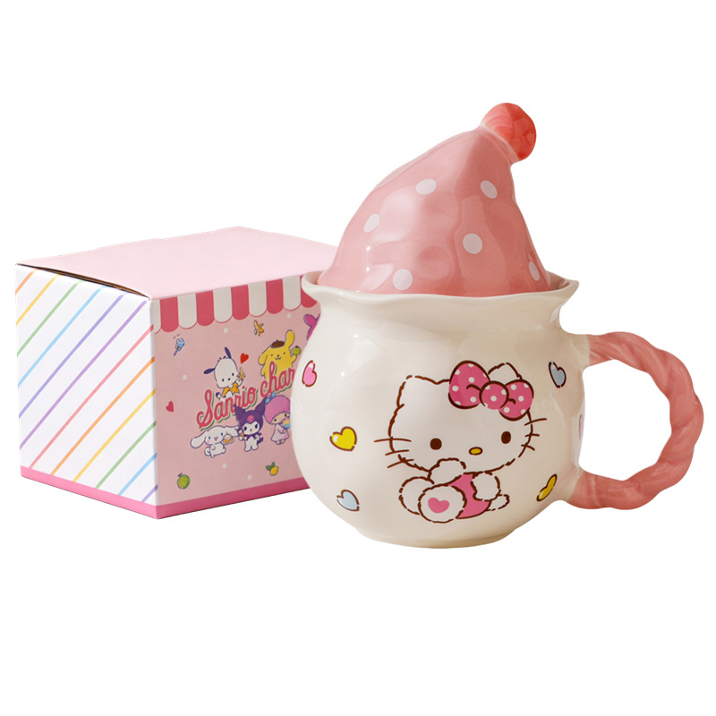 Auténtico Sanrio taza de marca lindo perro de orejas grandes gato Kulomi dibujos animados KT tapa de pastel taza de cerámica taza de café