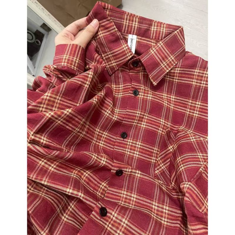 轻奢复古格子衬衫女上衣春秋款外套打底内搭叠穿小衫格纹衬衣外穿|undefined