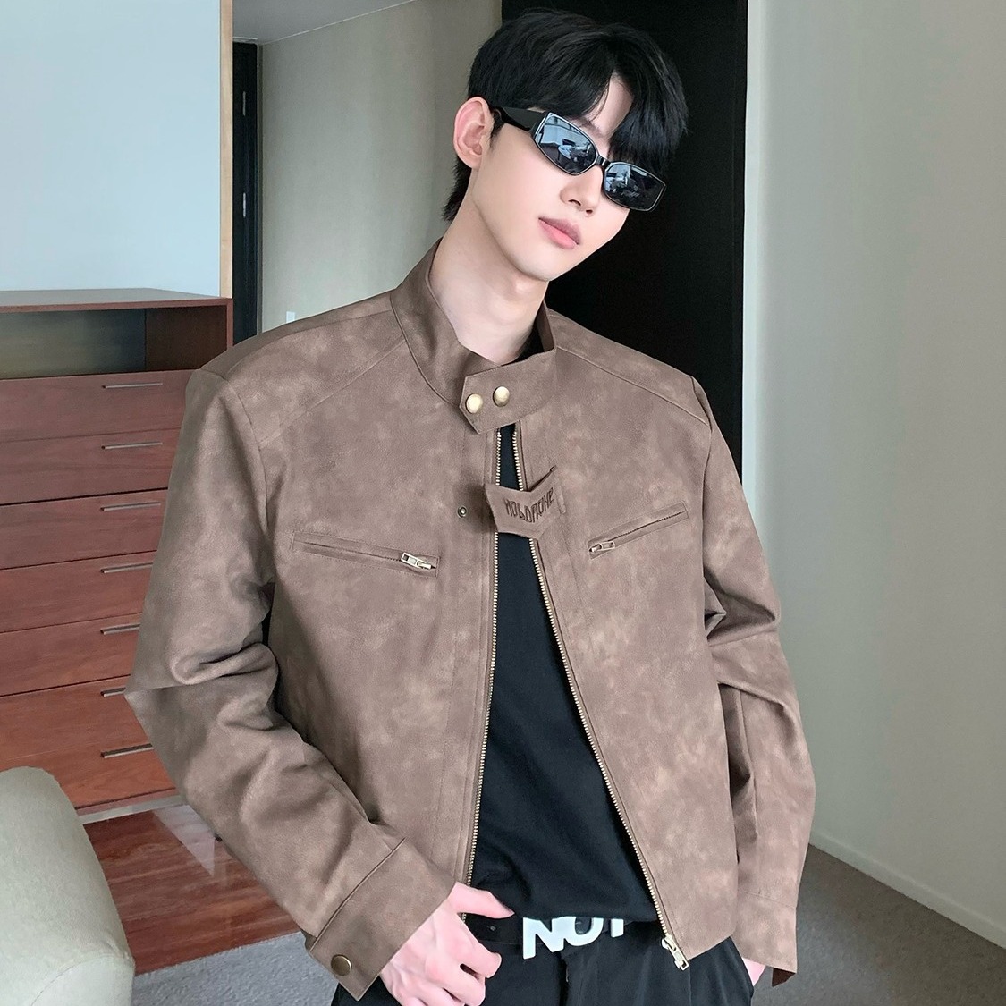 美式小众设计感垫肩皮衣外套男复古短款机车服秋冬立领夹克潮短款