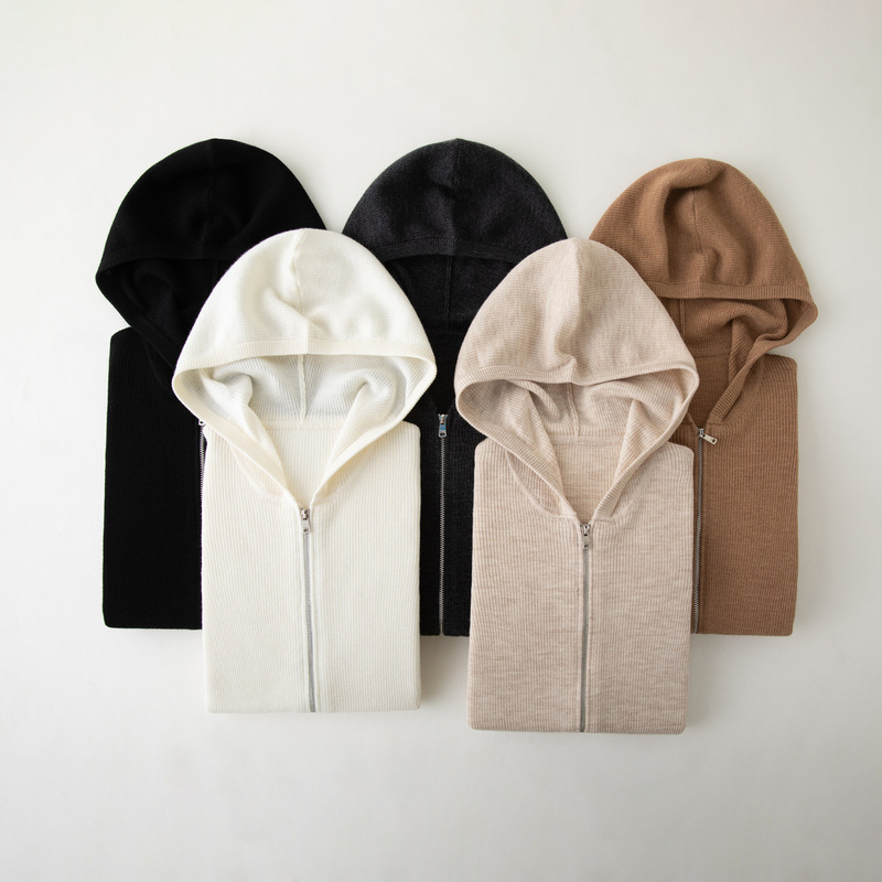 Autumn and Winter New Women's Hooded 100% Wool Sweater Design Casual Fashion Versatile Zipper Top Knitted Jacket