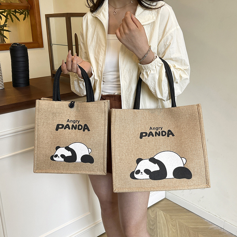 New Portable Tote Bag Linen Tote Bag Cute Panda Retro Linen Shopping Bag Travel Bag Shoulder Bag