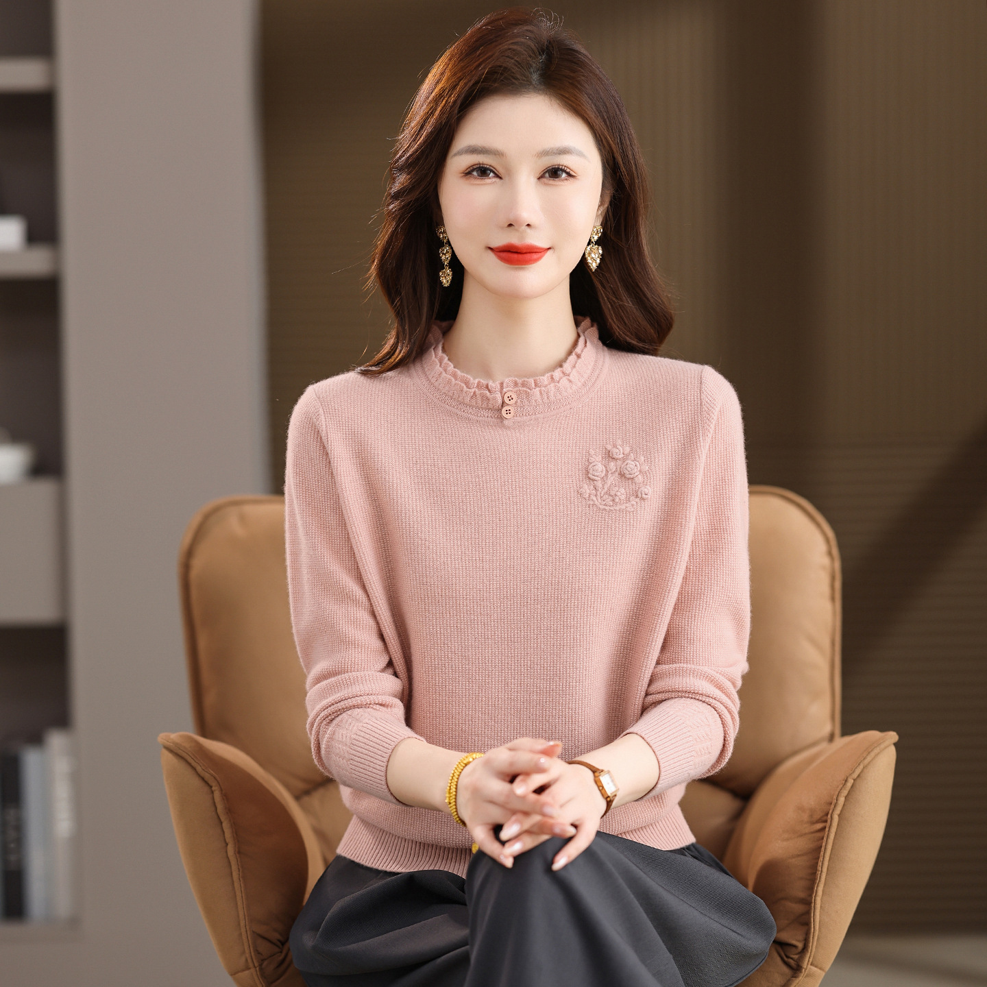 正品100%纯羊毛衫女木耳边毛衣国风中年女装纯色内搭针织打底毛衫