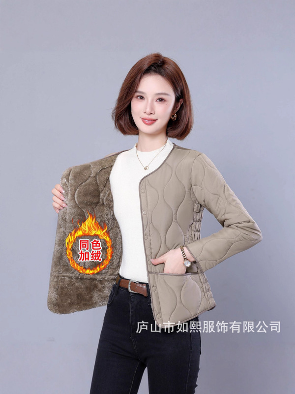 秋冬款纯色内胆棉服女轻薄保暖菱格简约短款通勤百搭加绒外套防寒|undefined