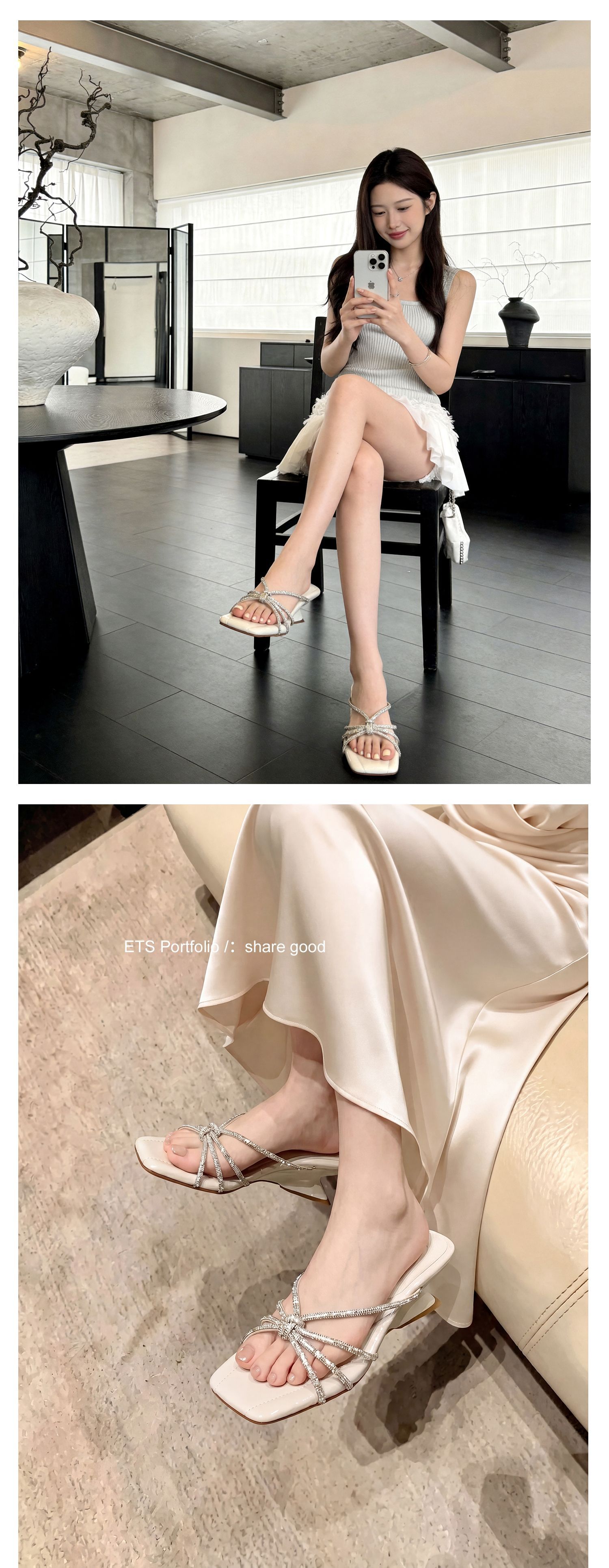 Sandal cao gót nữ mũi vuông quai ngang đính đá pha lê gót xuồng 9 cm — màu đen, màu trắng ngà, màu nude chi tiết 32
