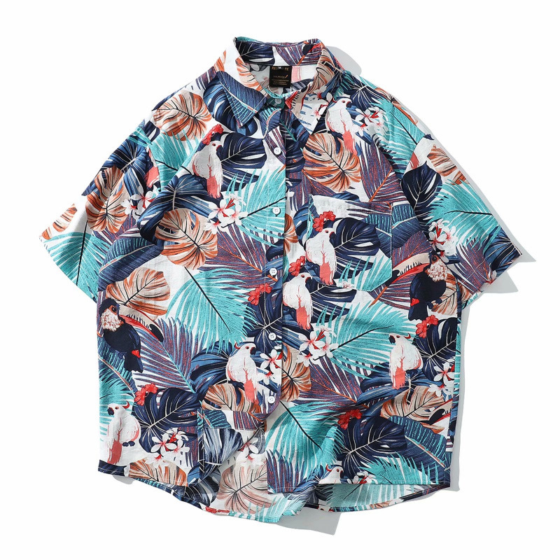 Hawaiian Floral Shirt Men's Short-Sleeved Loose Large Size Beach Shirt Hong Kong Style Retro Handsome Trendy Jacket for Men