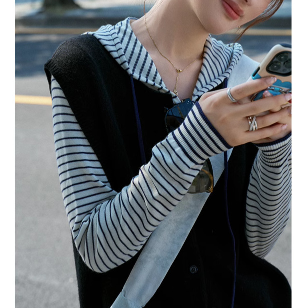 "White Drawing Studio" "Opolina" Spring Striped Sweatshirt Hooded Zipper Ruffle Knit Cardigan