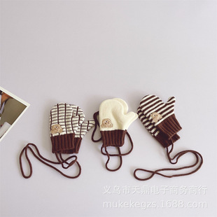 Preppy style children's embroidered bear knitted gloves striped plaid cartoon boys and girls warm mittens