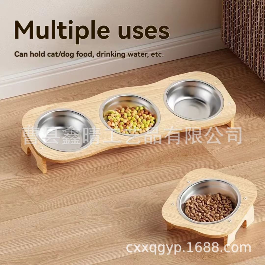 Inicio Marco de cuenco de gato de bambú y madera Creativo de varios cuencos de madera maciza Estante de alimentación para mascotas Alimentador de comida para perros de madera al por mayor