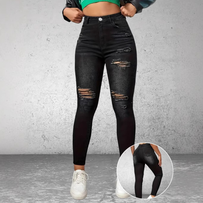 Independent Station Cross-Border European and American High Street Fashion Stylish Ripped Women's Elastic Slim Denim Pencil Pants Trendy