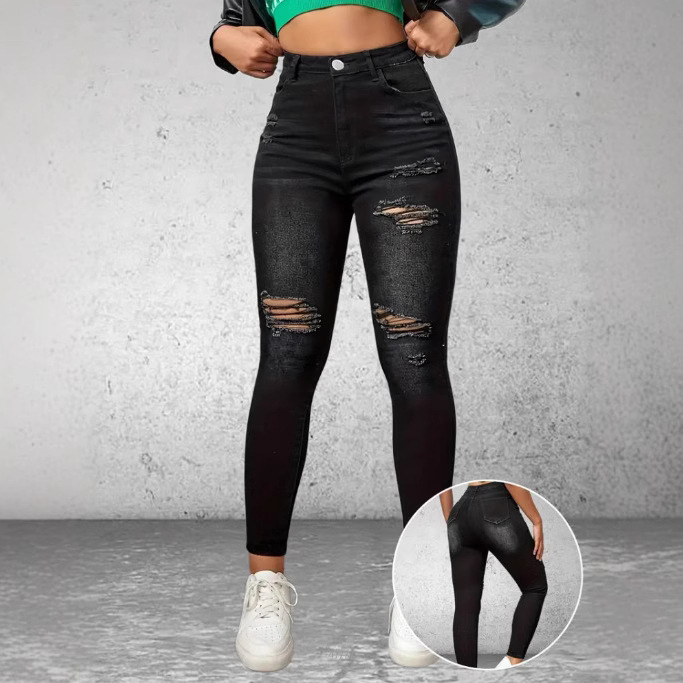 Independent Station Cross-Border European and American High Street Fashion Stylish Ripped Women's Elastic Slim Denim Pencil Pants Trendy