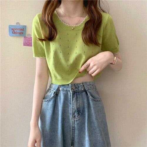 Summer  new style knitted short-sleeved T-shirt women's trendy internet celebrity design niche hollow thin top clothes ins