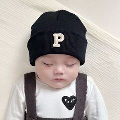 ins韩系字母P婴儿毛线帽秋冬款保暖套头帽双层男女宝宝针织护耳帽