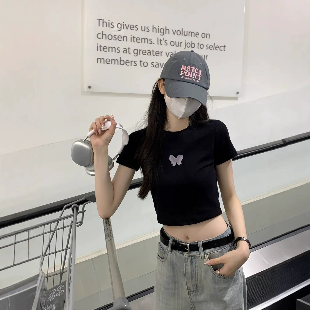 Внешняя торговля с короткими пупками сладкая горячая девушка топ с принтом бабочки футболка с короткими рукавами женская летняя тонкая рубашка с нижней полосой ins