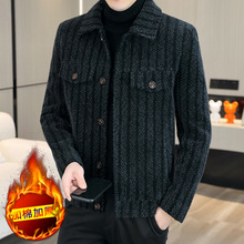 加棉加厚毛呢大衣男士2022冬季短款金貂绒呢子条纹夹克外套潮