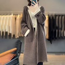 高奢设计感羊绒大衣连帽女中长款宽松开衫加厚羊毛衫外套慵懒新款