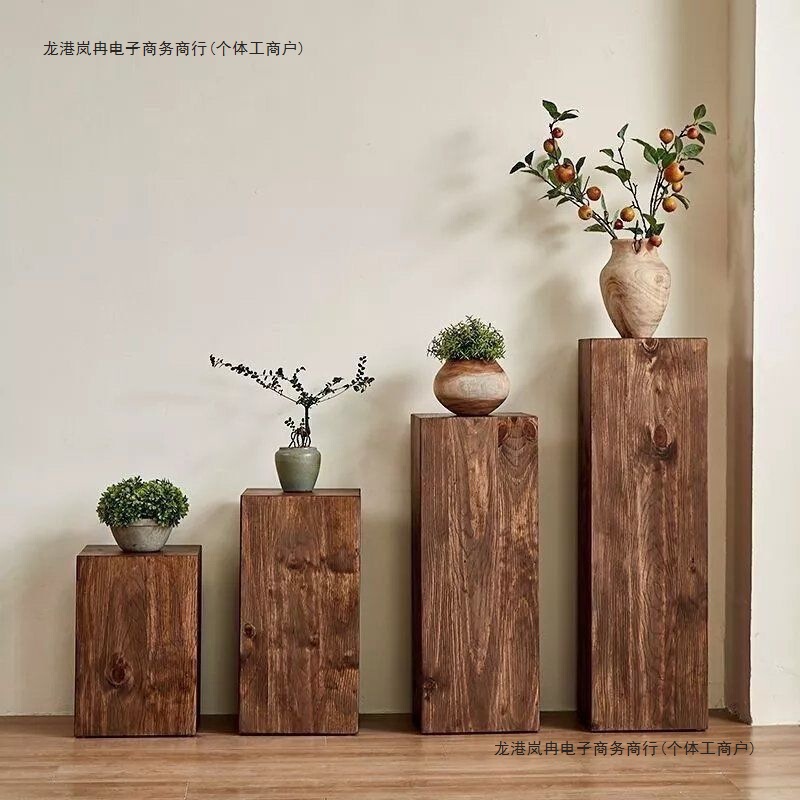 侘寂风方形木墩子坐凳花架原木树桩茶几边几复古自然实木底座摆件|undefined