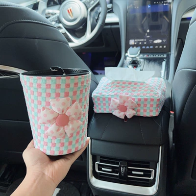 car seat trash bin decoration | Car tissue box/set - pink-flower-pink-and-blue-bubble-grid-tissue-box-armrest-box-pink-flower-bubble-grid-trash-bin-clip-on-style