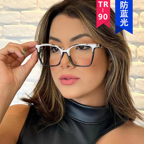 Large frame cat eye flat mirror  new TR anti-blue light glasses frame European and American personality contrasting color trend glasses frame for women