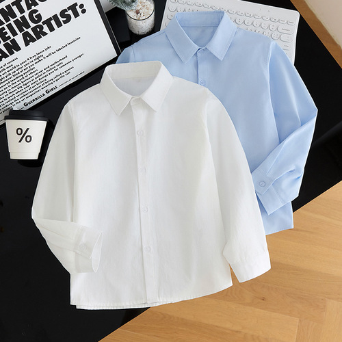 Boys' white long-sleeve autumn children's white school uniform host performance shirt white spring and autumn long-sleeve