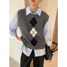 衣尔衫 时光旅途 羊毛菱格复古叠穿针织马甲女无袖坎肩背心0569