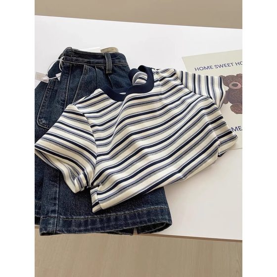 European contrast striped T-shirt women's spring and summer 2025 new slim-fit bottoming top with age-reducing shoulder short sleeves