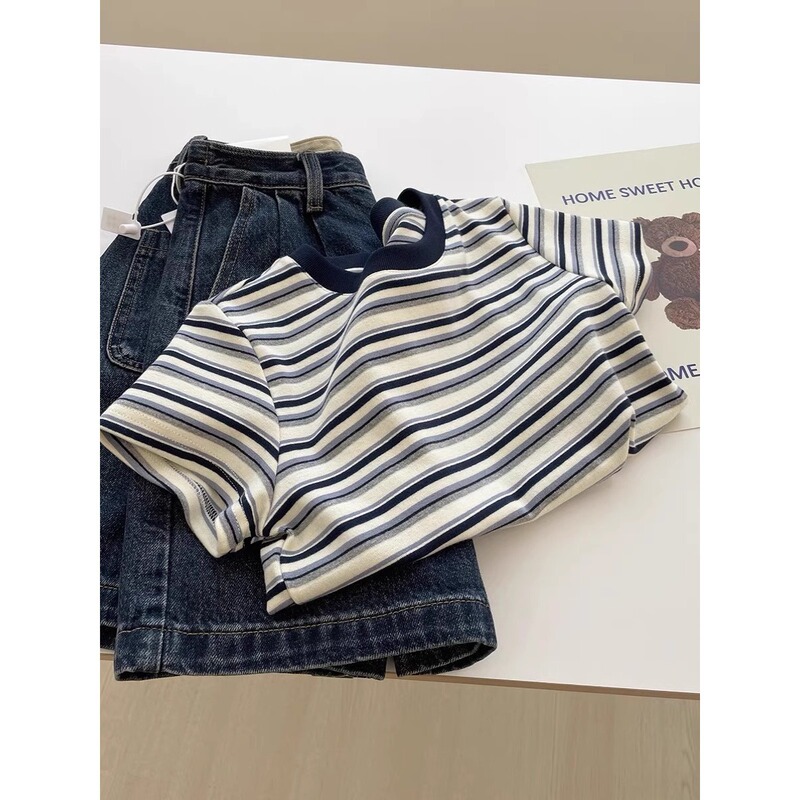 Summer 2026 New Korean Style Round Neck Retro Contrast Color Striped T-Shirt for Women, Versatile Design, Pure Cotton Short-Sleeved Top