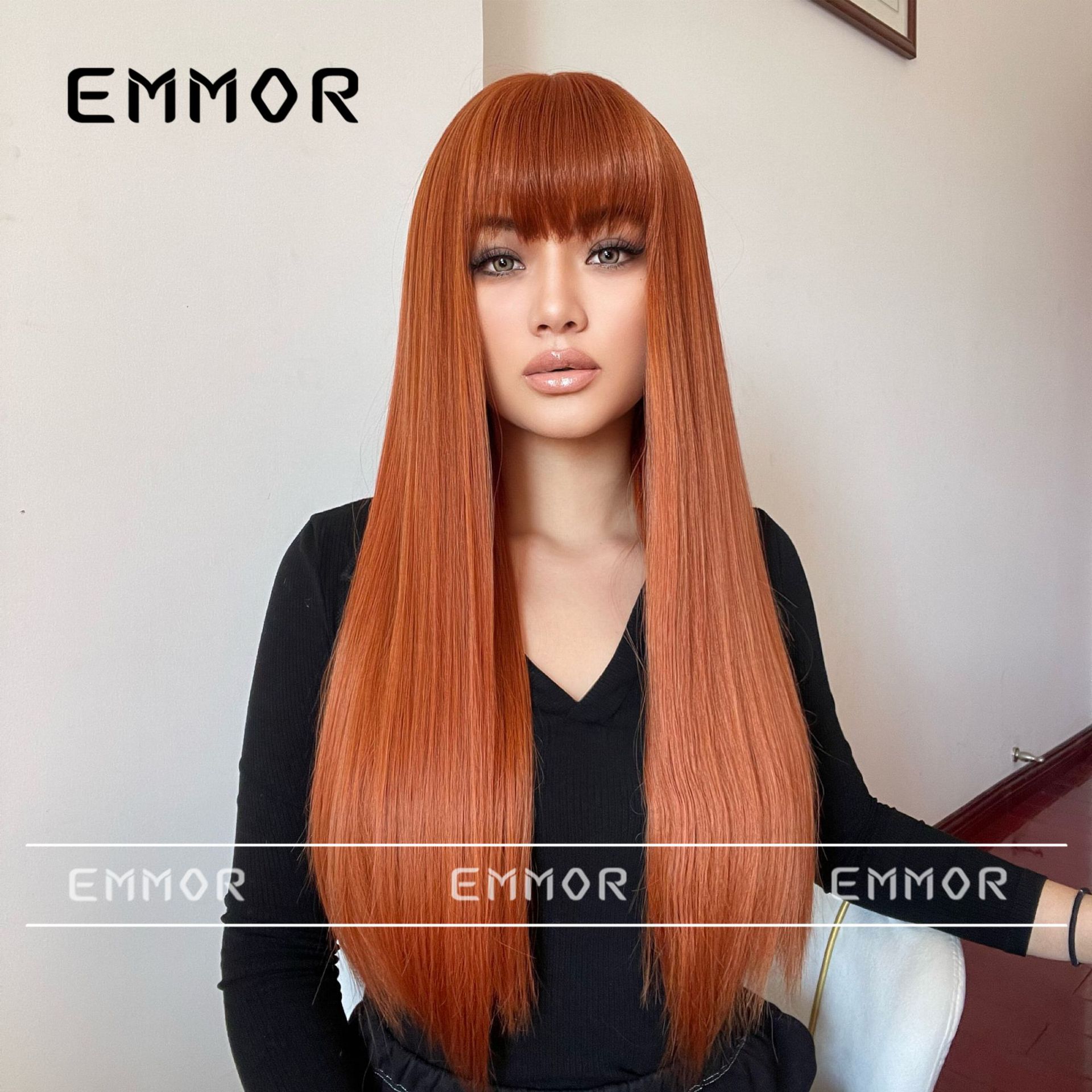 Moda europea y americana nueva suave pelo recto largo recto Bangs simulación natural transfronteriza suministro directo de fábrica peluca para las mujeres